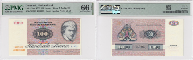 Denmark 100 Kroner 1985 - PMG 66 EPQ Gem Uncirculated
Nationalbank. Only two spe...