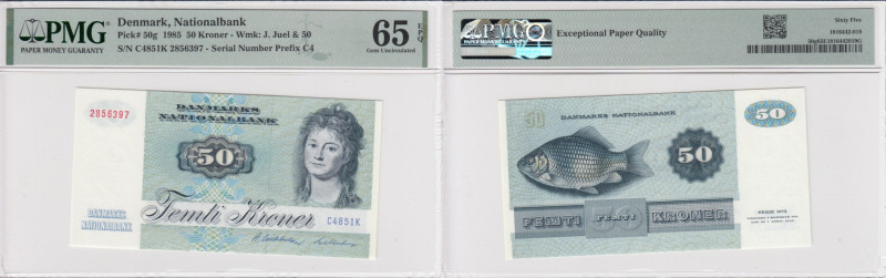 Denmark 50 Kroner 1985 - PMG 65 EPQ Gem Uncirculated
Nationalbank. Pick 50g. Wmk...