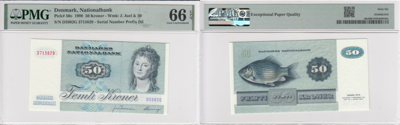 Denmark 50 Kroner 1998 - PMG 66 EPQ Gem Uncirculated
Nationalbank. Pick 50o. Wmk...