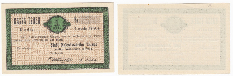 Estonia 1 Marka 1919 - Remainder of Sindi Linen Mill Partnership
UNC. RH 115; Ry...