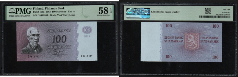 Finland 100 Markkaa 1963 - PMG 58 EPQ Choice About Unc
Pick 106a. Wmk: Vert Wavy...