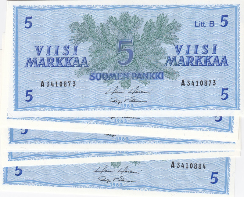 Finland 5 Markkaa 1963 Sequential # (12)
UNC. Pick 106A.