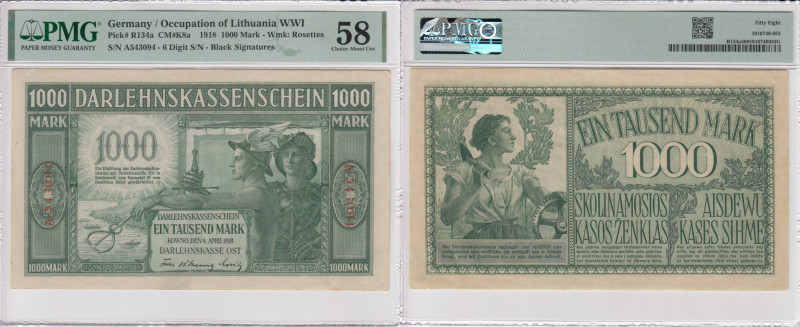 Germany (Occupation of Lithuania WWI, Kowno) 1000 Mark 1918 - PMG 58 Choice Abou...