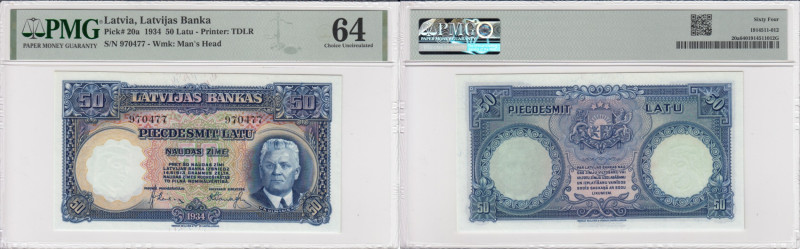 Latvia 50 Latu 1934 - PMG 64 Choice Uncirculated
Latvijas Banka. Pick 20a. Print...