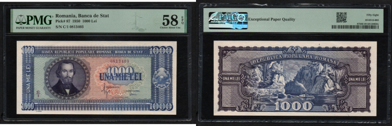 Romania 1000 Lei 1950 - PMG 58 EPQ Choice About Unc
Pick 87.