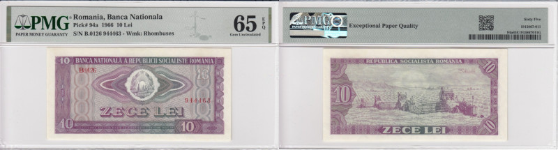 Romania 10 Lei 1966 - PMG 65 EPQ Gem Uncirculated
Banca Nationala. Pick 94a. Wmk...