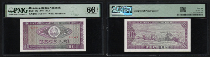 Romania 10 Lei 1966 - PMG 66 EPQ Gem Uncirculated
Pick 94a. Wmk: Rhombuses.