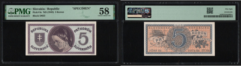 Slovakia 5 Korun ND (1945) - SPECIMEN - PMG 58 Choice About Unc
Pick 8s.