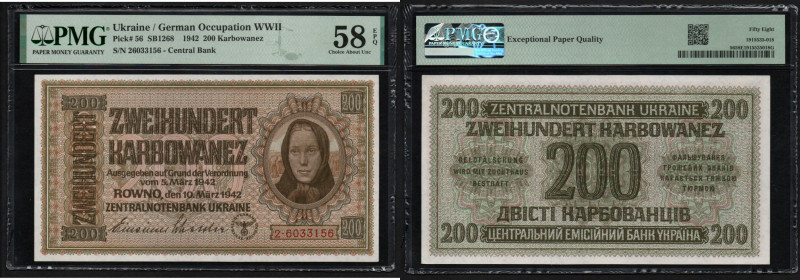 Ukraine 200 Karbowanez 1942 - PMG 58 EPQ Choice About Unc
Pick 56. Central Bank.