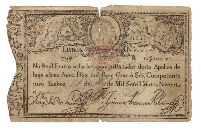 Portugal. Imperial Treasury 10.000 Réis 1799, with D. Pedro IV 1826 stamp, Pick#...