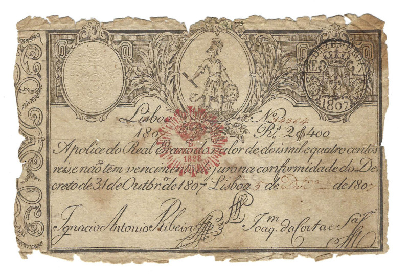 Portugal. Imperial Treasury 2.400 Réis 1807, with D. Miguel I 1828 stamp, Pick# ...