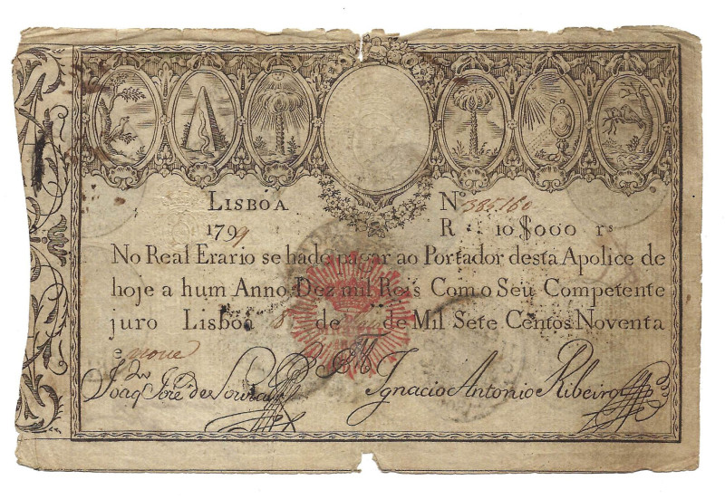 Portugal. Imperial Treasury 10.000 Réis 1799, with D. Miguel I 1828 stamp, Pick#...