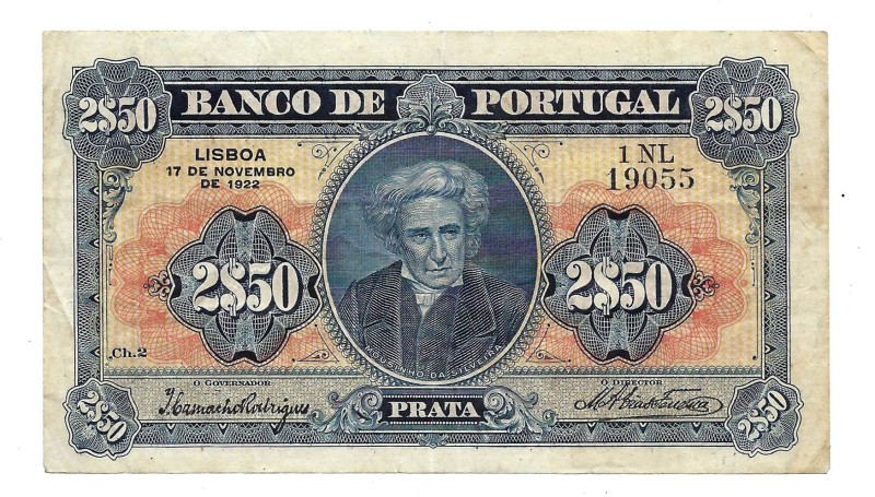 Portugal. Banknote 2,50 Escudos Ch.2, 17/11/1922, serial 1NL 19055, Pick# 127, X...