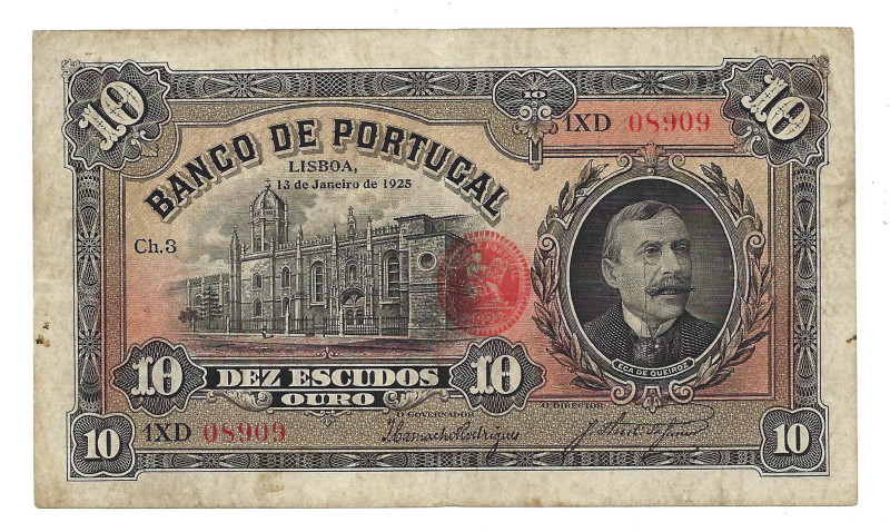 Portugal. Banknote 10 Escudo Ch.3, 13/01/1925, serial 1XD 08909, Pick# 134, VF