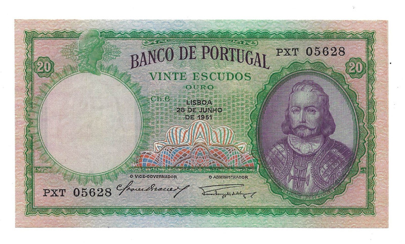 Portugal. Banknote 20 Escudos Ch.6, 26/06/1951, serial PXT 05628, Pick# 153a, ab...