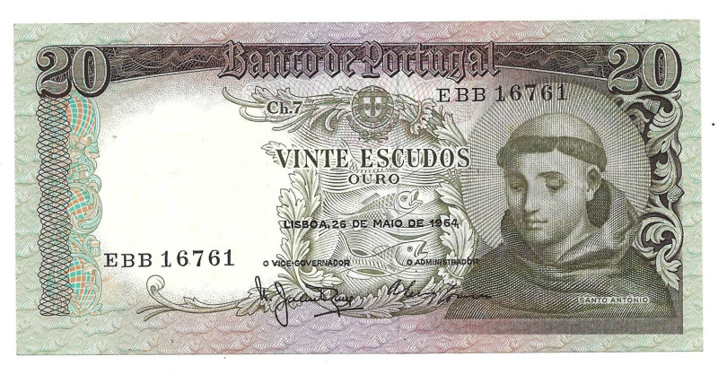 Portugal. Banknote 20 Escudos Ch.7, 26/05/1964, radar serial EBB 16761, Pick# 16...