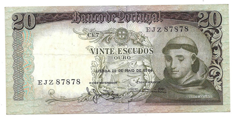 Portugal. Banknote 20 Escudos Ch.7, 26/05/1964, radar serial EJZ 87878, Pick# 16...