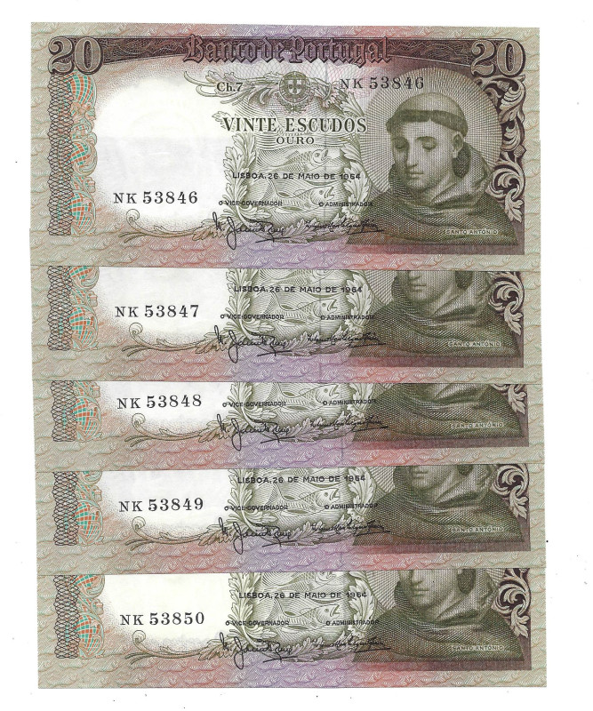 Portugal. 5 x Banknote 20 Escudos Ch.7, 26/05/1964, consecutive serial NK 53846/...