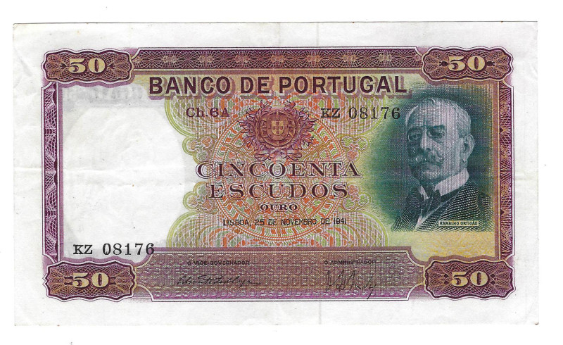 Portugal. Banknote 50 Escudos Ch.6, 25/11/1941, KZ 08176, Pick# 154, XF