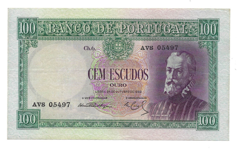 Portugal. Banknote 100 Escudos Ch.6, 24/10/1950, serial AVS 05497, Pick# 159, XF