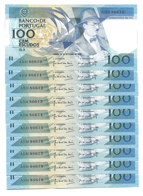 Portugal. 10 x Banknote 100 Escudos Ch.9, 16/10/1986, consecutive serial ABH 866...