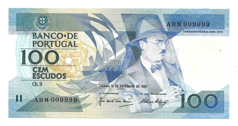 Portugal. Banknote 100 Escudos Ch.9, 12/02/1987, ARM 009999, Pick# 179b, UNC