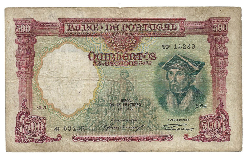 Portugal. Banknote 500 Escudos Ch.7, 29/09/1942, serial TF 15239, Pick# 155, VF