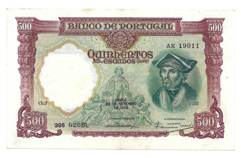 Portugal. Banknote 500 Escudos Ch.7, 29/09/1942, serial Ak 19011, Pick# 155, XF