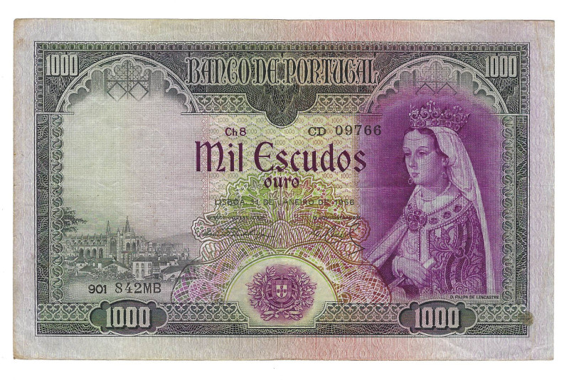 Portugal. Banknote 1.000 Escudos Ch.8, 31/01/1956, serial CD 09766, Pick# 161, X...