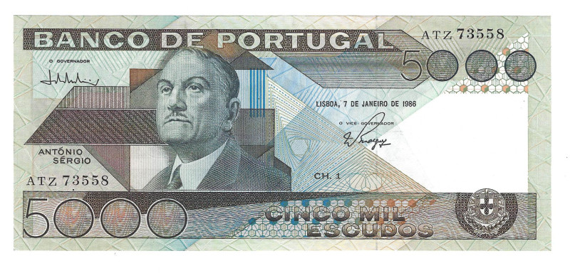 Portugal. Banknote 5.000 Escudos Ch.1, 7/01/1986, serial ATZ 73558, Pick# 182e, ...