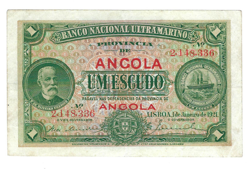 Angola. Banknote 1 Escudo Banco Nacional Ultramarino, 1/01/921, serial 2148336, ...