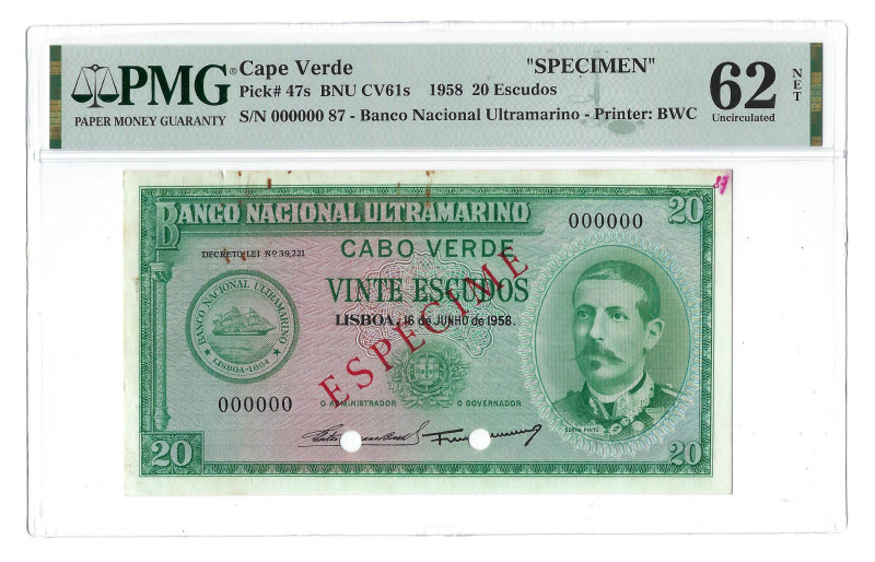 Cape Verde. Banknote 20 Escudos Banco Nacional Ultramarino, 16/06/1958, Specimen...