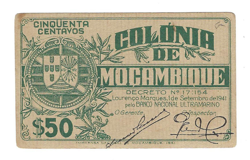 Banknote 50 Centavos Banco Nacional Ultramarino, 1/09/1941, serial 58146 D, Pick...