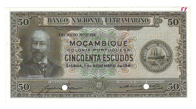 Banknote 50 Escudos Banco Nacional Ultramarino, 1/11/1941, Specimen (58), cancel...