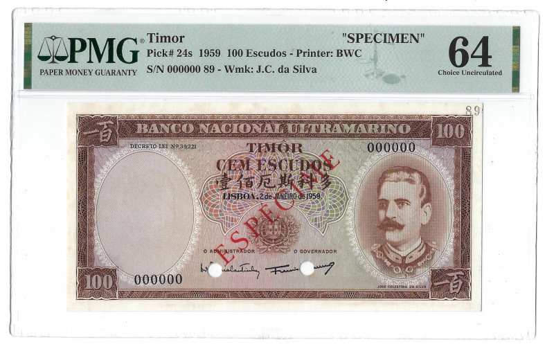 Timor. Banknote 100 Escudos Banco Nacional Ultramarino, 2/02/1959, Specimen (89)...