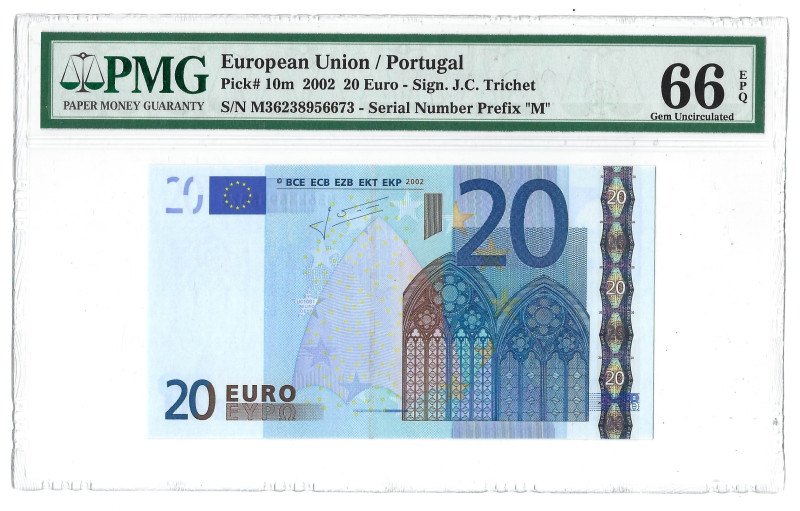 Portugal. Banknote 20 Euros, 2002, Prefix M, serial M36238956673, Pick# 10m, PMG...