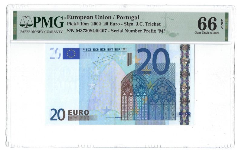 Portugal. Banknote 20 Euros, 2002, Prefix M, serial M37308449407, Pick# 10m, PMG...