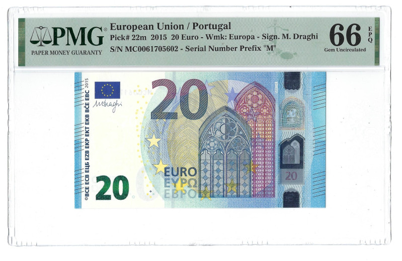 Portugal. Banknote 20 Euros, 2015, Prefix M, serial M0061705602, Pick# 22m, PMG ...