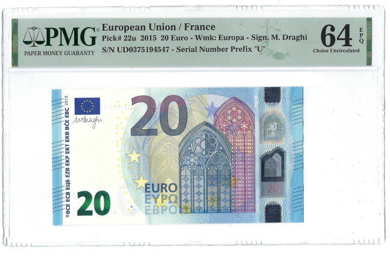 France. Banknote 20 Euros, 2015, Prefix U, serial UD0375194547, Pick# 22u, PMG 6...