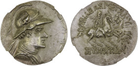 BACTRIA: Eukratides I Megas, ca. 170-145 BC, AR tetradrachm (16.81g), Bop-6 var (unpublished monogram), diademed and draped bust right, wearing helmet...