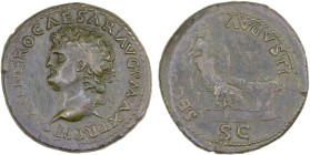 ROMAN EMPIRE: Nero, 54-68 AD, AE dupondius (12.40g), Lugdunum, 66 AD, RIC-519, laureate head left, globe at point of bust, IMP NERO CAESAR AVG P MAX T...