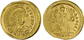 ROMAN EMPIRE: Honorius, 393-423 AD, AV solidus (4.35g), Constantinople, 408-420 AD, S-20902, helmeted & cuirassed bust turned slightly to the right, h...