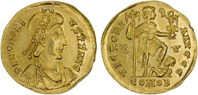 ROMAN EMPIRE: Honorius, 393-423 AD, AV solidus (4.42g), Ravenna, S-20919, diademed, draped and cuirassed bust right // VICTORI-A AVGGG, emperor standi...