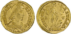 ROMAN EMPIRE: Honorius, 393-423 AD, AV solidus (4.47g), Ravenna, S-20920, diademed, draped and cuirassed bust right // VICTORI-A AVGGG, emperor standi...
