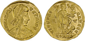 ROMAN EMPIRE: Honorius, 393-423 AD, AV solidus (4.30g), Ravenna, S-20920, diademed, draped and cuirassed bust right // VICTORI-A AVGGG, emperor standi...