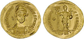 ROMAN EMPIRE: Theodosius II, 402-450 AD, AV solidus (4.35g), Thessalonica, S-21138, diademed, helmeted and cuirassed bust, holding spear & shield // G...