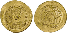 ROMAN EMPIRE: Theodosius II, 402-450 AD, AV solidus (4.47g), Constantinople, 441-450, S-21141, diademed, helmeted and cuirassed bust facing slightly r...