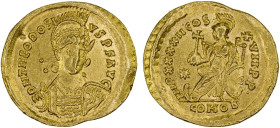 ROMAN EMPIRE: Theodosius II, 402-450 AD, AV solidus (4.45g), Constantinople, 441-450, S-21141, diademed, helmeted and cuirassed bust facing slightly r...