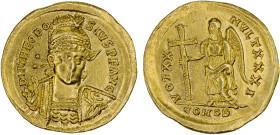 ROMAN EMPIRE: Theodosius II, 402-450 AD, AV solidus (4.38g), Constantinople, 420-422, S-21155, diademed, helmeted and cuirassed bust, holding spear an...