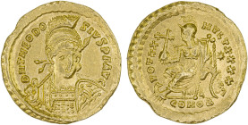 ROMAN EMPIRE: Theodosius II, 402-450 AD, AV solidus (4.42g), Constantinople, 430-440, S-21158, diademed, helmeted and cuirassed bust, holding spear an...